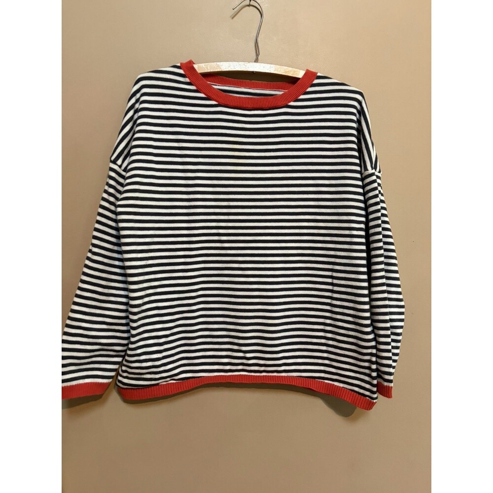 100% Cotton Women’s Gray White Striped Sweater Size Medium Oversized Boho Fall